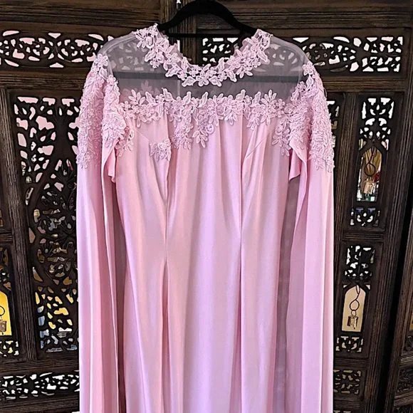 open lace back dress Dusty Pink Embellished Gown with Beaded Bodice and Cape – Glitter Maxi –  WonderlandByLilian main image 0